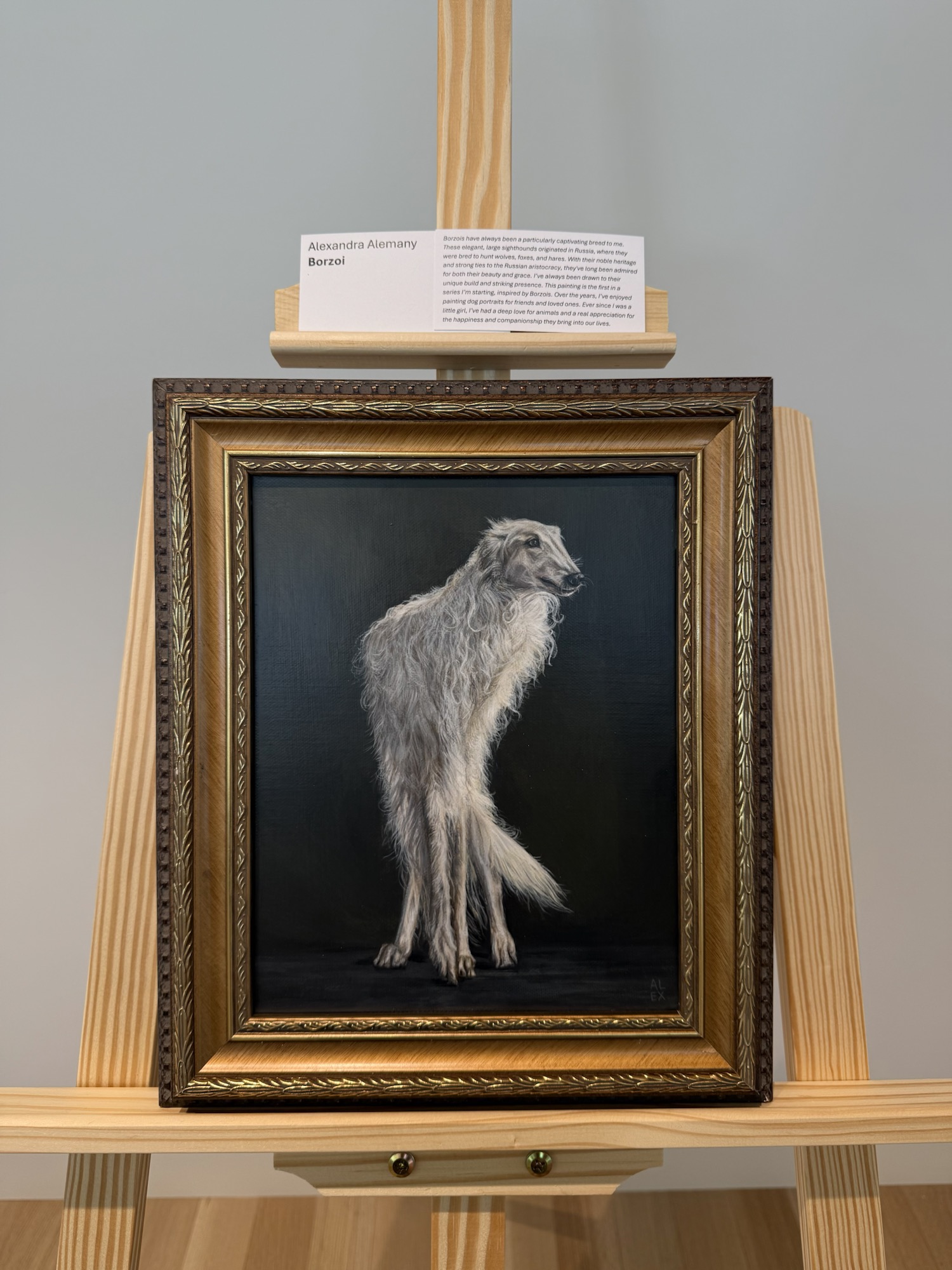 Framed portrait of a Borzoi painted by Alexandra Alemany